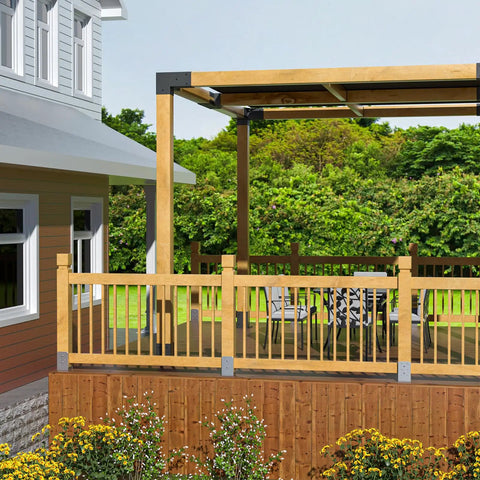Wooden deck with railing and pergola supported by 2 Pack 4x4 Post Base Adjustable Stainless Steel Anchor For Concrete Decks And Railings