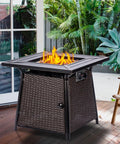 28 Inch Wicker Propane Fire Pit Table For Outdoor Use With 50,000 BTU Gas Fire Pit And Lid, Lava Rocks Included