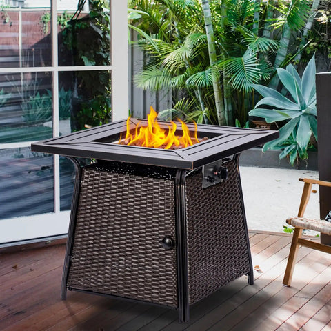 28 Inch Wicker Propane Fire Pit Table For Outdoor Use With 50,000 BTU Gas Fire Pit And Lid, Lava Rocks Included