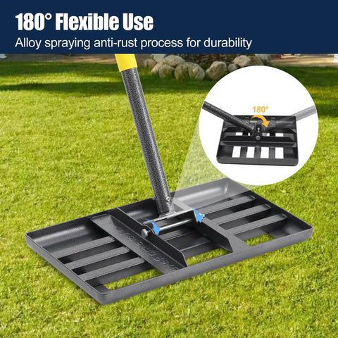 Lawn Leveling Rake With 17x10 Inch Heavy Duty Stainless Steel Head And 72 Inch Adjustable Handle shown in grass