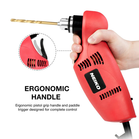 Right Angle Corded Drill With 55 Degree Head For Tight Spots Three Eighths Inch Keyed Chuck Variable Speed 0 To 1400 RPM 120V Power Drill For Close Quarter Work with ergonomic handle