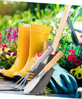 Ergonomic Hand Shovel for Gardening, No-Fuss Grip, Dig Deep Spade beside gloves and flowers in a vibrant garden setting