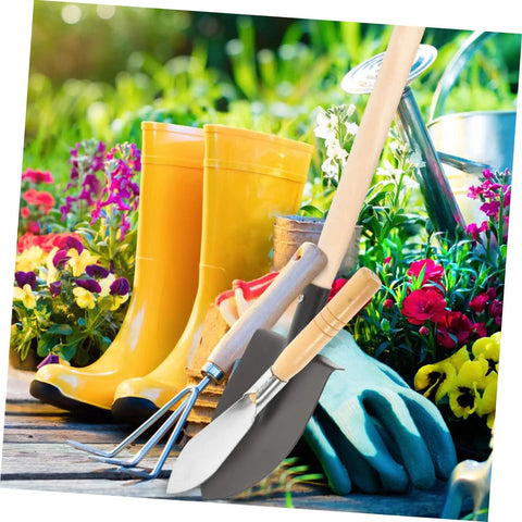 Ergonomic Hand Shovel for Gardening, No-Fuss Grip, Dig Deep Spade beside gloves and flowers in a vibrant garden setting