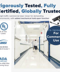 FS-7600 HOB Commercial Door Closer With Hold-Open Mechanism, ADA compliant, shown with ADA, UL, ANSI certifications and hallway view.