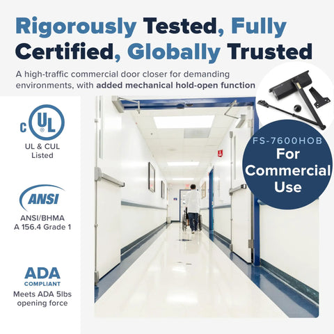 FS-7600 HOB Commercial Door Closer With Hold-Open Mechanism, ADA compliant, shown with ADA, UL, ANSI certifications and hallway view.