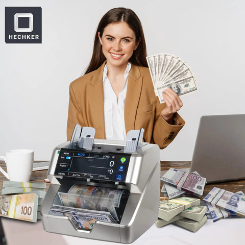 Woman with Bank Grade Money Counter For Mixed Denoms In USD CAD MXN GBP EUR With Touch Screen on desk