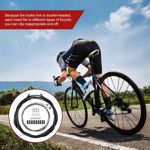 Cyclist riding a bike with inset of Universal Bike Brake And Derailleur Cable Kit With Shifter Cable Housing for mountain and road bikes.