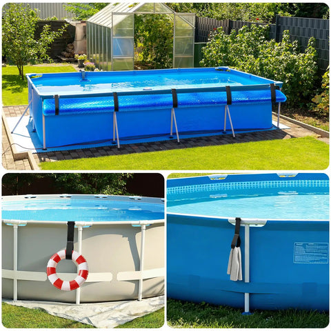 Heavy Duty Solar Pool Cover Straps For Above Ground Pools Strap Down Solid To Keep Your Cover Locked Tight Through Any Season Reusable Nylon Holders That Are Built Different on a blue above ground pool with clips.