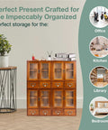Four Piece Stackable Mini Cupboard Set With Eight Drawers And Glass Doors In Dark Mahogany Wood, shown in home office setting