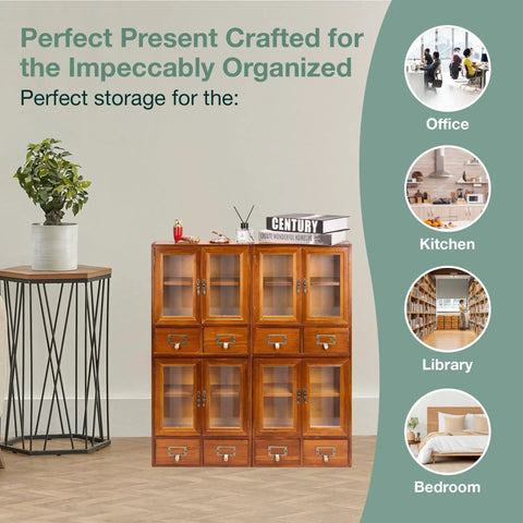 Four Piece Stackable Mini Cupboard Set With Eight Drawers And Glass Doors In Dark Mahogany Wood, shown in home office setting