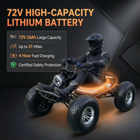 Person riding Beast 72V Peak 10.8kW Brushless Electric Off Road Go Kart with shaft drive and dual hydraulic rear discs.
