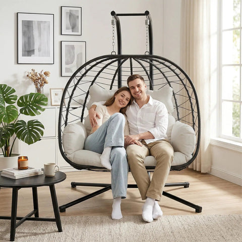 Double Hanging Egg Chair With Stand For Indoor And Outdoor Use Cozy Comfy Two Person Swing Chair Removable Cushions