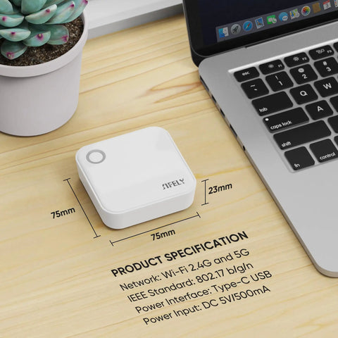 Smooth Sailing Dual Band WiFi Gateway For Smart Door Locks Featuring Instant App Sync and Alexa Hook Up on a desk next to a laptop.