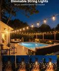 101Ft Outdoor LED String Lights Waterproof With 31 Shatterproof S14 Vintage Edison Bulbs illuminate patio deck with pool.