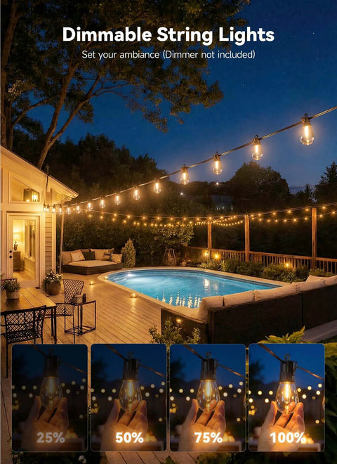101Ft Outdoor LED String Lights Waterproof With 31 Shatterproof S14 Vintage Edison Bulbs illuminate patio deck with pool.