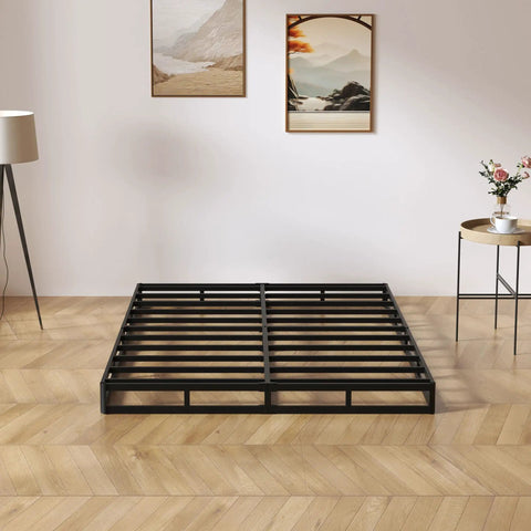 Full Size Box Spring And Mattress Foundation 5 Inch Low Profile Heavy Duty Metal Bed Base displayed in modern bedroom setting.