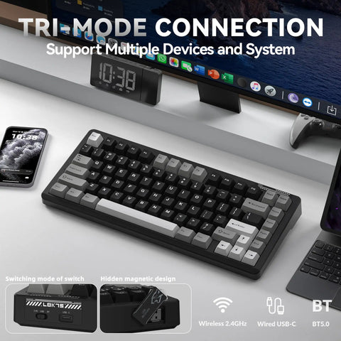 Compact 75 Percent Wireless Mechanical Gaming Keyboard With Hella Smooth Triple Connection Modes And A Massive Ten Thousand Milliamp Hour Battery on a desk with multiple devices.