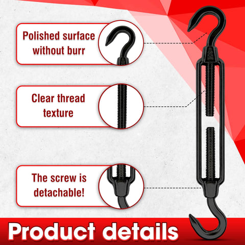 2 Pack M8 Stainless Steel Hook And Turnbuckle Set For Wire Rope Tension Black Coated Shade Sail Hardware with details
