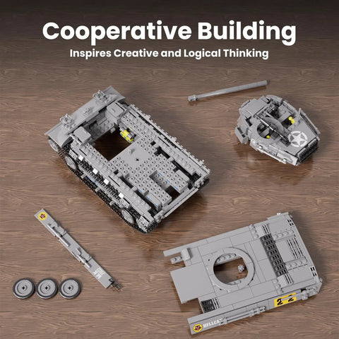 Partial assembly of Dope RC Tiger Tank Building Set With 971 Pieces Dual Remote And App Control WW2 Military Tank Model