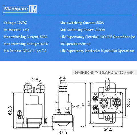 Diagram showing specifications for 80 Amp 12V Continuous Duty Solenoid Battery Isolator And Starter Relay For Your Ride