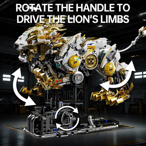 Golden Mechanical Lion Building Block Kit With Movable Limbs And Exposed Gears on Display Stand