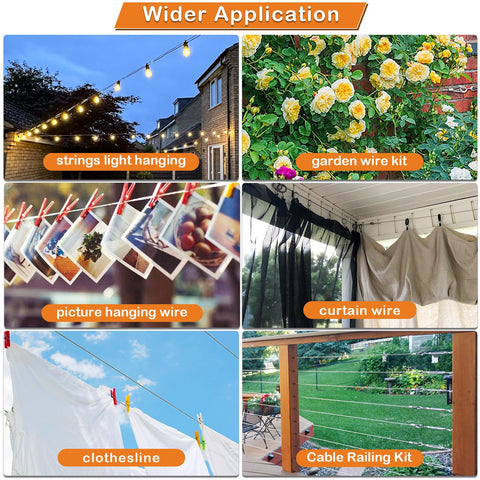 Image displaying applications of the One Eighth Inch Vinyl Coated Stainless Steel Cable Rope Kit with Crimping Tool and Cutter, including light hanging, garden wire, picture hanging, curtain wire, clothesline, and railing kit setups.
