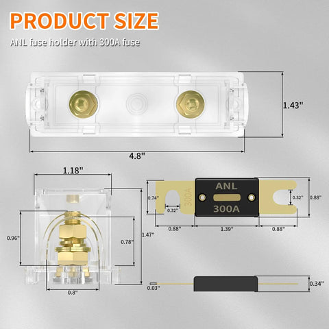 Beefy 300 Amp ANL Fuse Holder Kit With 300A ANL Fuse For Car Audio Systems ANL Fuse Block For 0 2 4 Gauge Wiring Transparent Crystal Cover And Gold Plated Terminals Durable 3 Pack dimensions shown