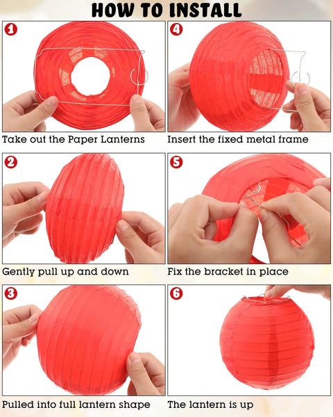 Step-by-step assembly guide for Multicolor 48 Pack Paper Lanterns For Parties Round Chinese Style Hanging Lamps In 4, 6, 8, 10 Inch Sizes