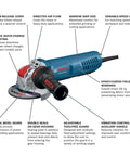 Pro Level 5 Inch Angle Grinder With Fully Variable Speed Control And Multi Grip Paddle Switch Powered By A Badass 13 Amp Motor and Rock Solid X-Lock Quick Change Mount, showing features and design.