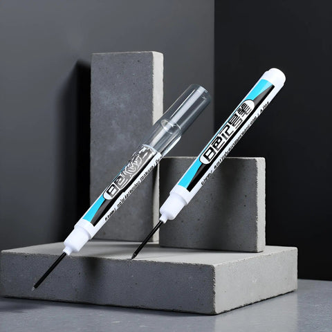 Top Shelf Four Pack Bold White Oil Based Permanent Markers Featuring Slick Quick Dry Ink And Razor Fine Nibs on concrete background.