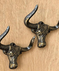 Indoor Outdoor Heavy Duty Cast Iron Wall Hooks Two Pack No Hassle Vintage Beard Design Super Secure Multi Purpose Coat Rack For Home Setup And Smart Storage Solutions, bull head design.