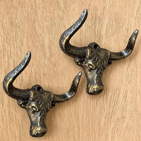 Indoor Outdoor Heavy Duty Cast Iron Wall Hooks Two Pack No Hassle Vintage Beard Design Super Secure Multi Purpose Coat Rack For Home Setup And Smart Storage Solutions, bull head design.