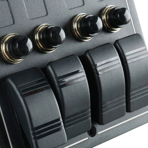 Close-up of 4 Gang Aluminum LED Rocker Switch Panel With Circuit Breaker Waterproof Splash Proof Marine Boat RV Durable Anti Corrosion