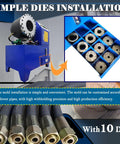 Heavy Duty Electric Hydraulic Hose Crimping Machine Workhorse With Ten Interchangeable Dies, features crimper and dies for various pipes.