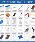 Package contents for Complete Guitar Repair Kit For Pros With Pro Setup Tools, Guitar Work Mat And Neck Rest, Fret Beams, and Files.