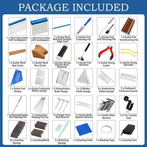 Package contents for Complete Guitar Repair Kit For Pros With Pro Setup Tools, Guitar Work Mat And Neck Rest, Fret Beams, and Files.