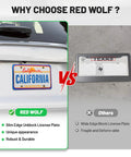 Comparison of Red Wolf slim edge unblock license plate with traditional wide edge black license plate.