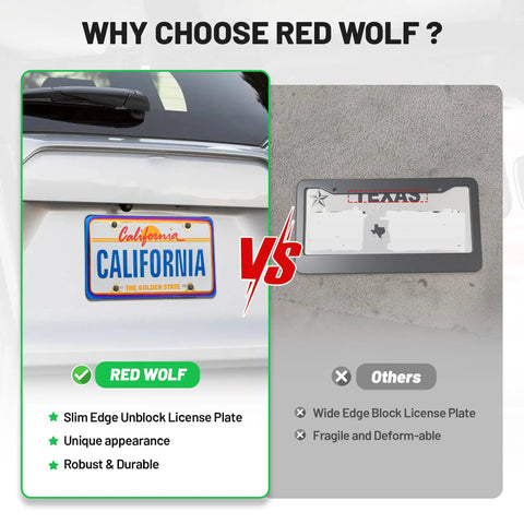 Comparison of Red Wolf slim edge unblock license plate with traditional wide edge black license plate.