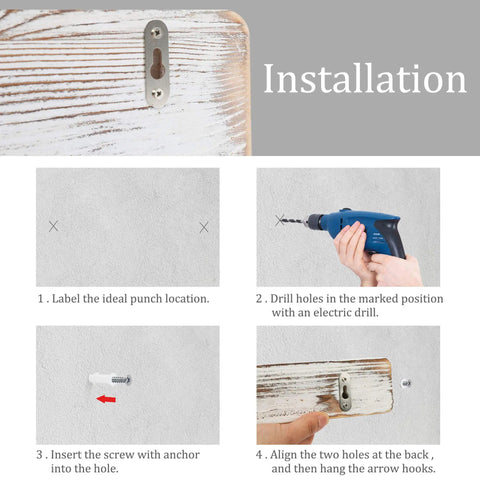 Installation guide for Rustic Wall Mounted Coffee Mug Holder With 12 Cup Hangers Farmhouse Wood Cup Organizer showing steps.