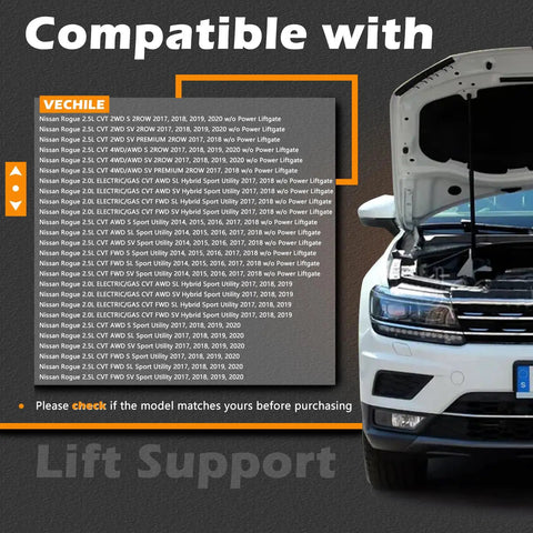 Image showing compatibility list for Heavy Duty 2 Pack Liftgate Struts And Rear Trunk Supports Compatible With Nissan Rogue 2014 To 2020.