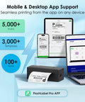 Sleek 4x6 Portable Thermal Label Printer Featuring Hella Reliable Bluetooth Sync And Stress Free App Pairing For Swift Shipping Tasks showcased with desktop and mobile app support.