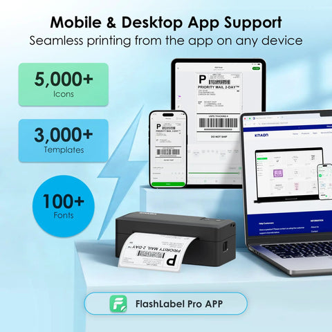 Sleek 4x6 Portable Thermal Label Printer Featuring Hella Reliable Bluetooth Sync And Stress Free App Pairing For Swift Shipping Tasks showcased with desktop and mobile app support.