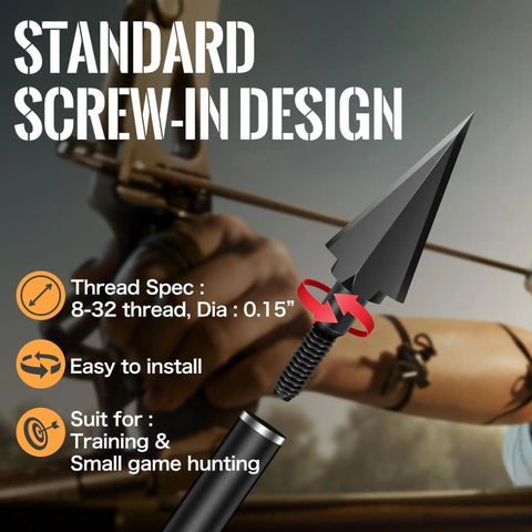 Image showing 100 Grain Steel Broadheads For Compound Recurve Bow And Crossbow with screw-in design and dimensions overlay.