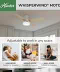 52 Inch Indoor Ceiling Fan With LED Light And Remote Control, White Modern Low Profile Mount in a kitchen setting, ultra quiet operation and fresh white finish.