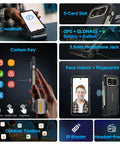 Tough As Nails Unlocked Rugged Smartphone With 64MP Night Vision showing NFC, 3-card slot, and custom key functions.