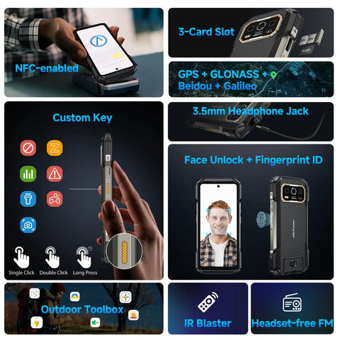 Tough As Nails Unlocked Rugged Smartphone With 64MP Night Vision showing NFC, 3-card slot, and custom key functions.