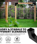 Heavy Duty Galvanized Steel Pergola Brackets Kit For 4 By 4 Inch Lumber L Shaped DIY Corner Brackets For Patios Gazebos Outdoor Pergolas 4 Pack Matte Black Finish Rust Resistant shown installed on a wooden swing frame in a garden.