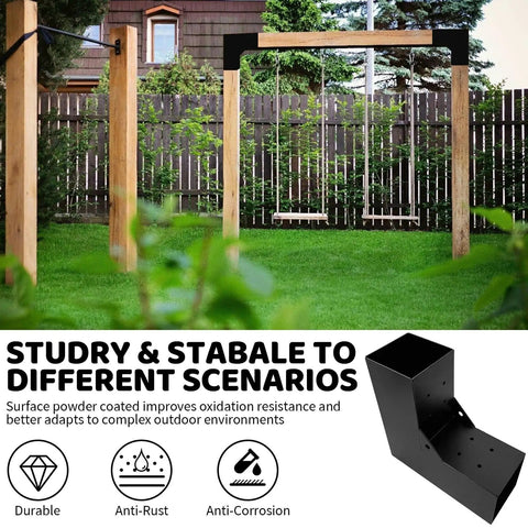 Heavy Duty Galvanized Steel Pergola Brackets Kit For 4 By 4 Inch Lumber L Shaped DIY Corner Brackets For Patios Gazebos Outdoor Pergolas 4 Pack Matte Black Finish Rust Resistant shown installed on a wooden swing frame in a garden.