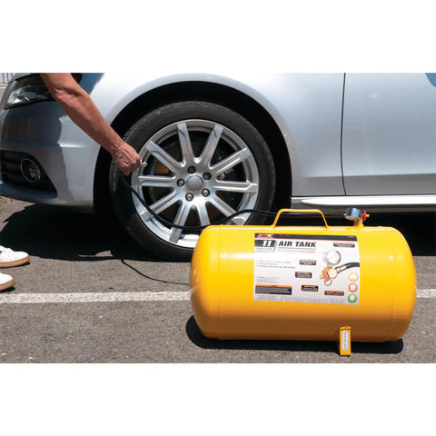 Hi-Viz 11-Gallon Horizontal Portable Air Tank with Tire Air Chuck by car, ideal for roadside tire inflation, includes safety bypass.