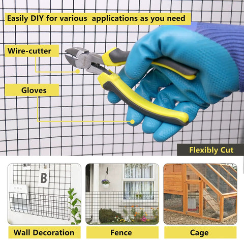 Hella Durable Black Pvc Coated Quarter Inch Hardware Cloth 48 X 100 Feet Chicken Wire Mesh shown with wire cutter and gloves.